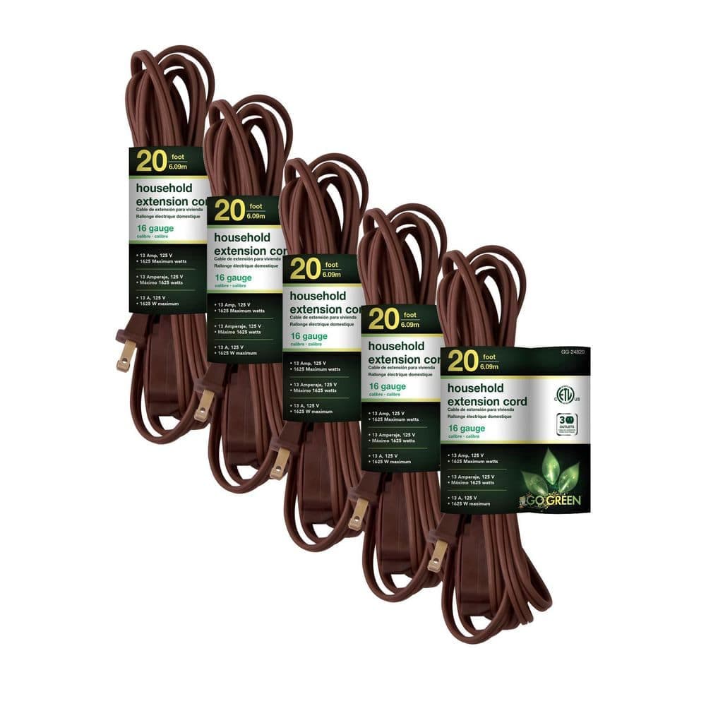 GoGreen Power 20 ft. 16/2 Indoor Household Extension Cord Brown, 3-Outlets, (5-Pack) (1)