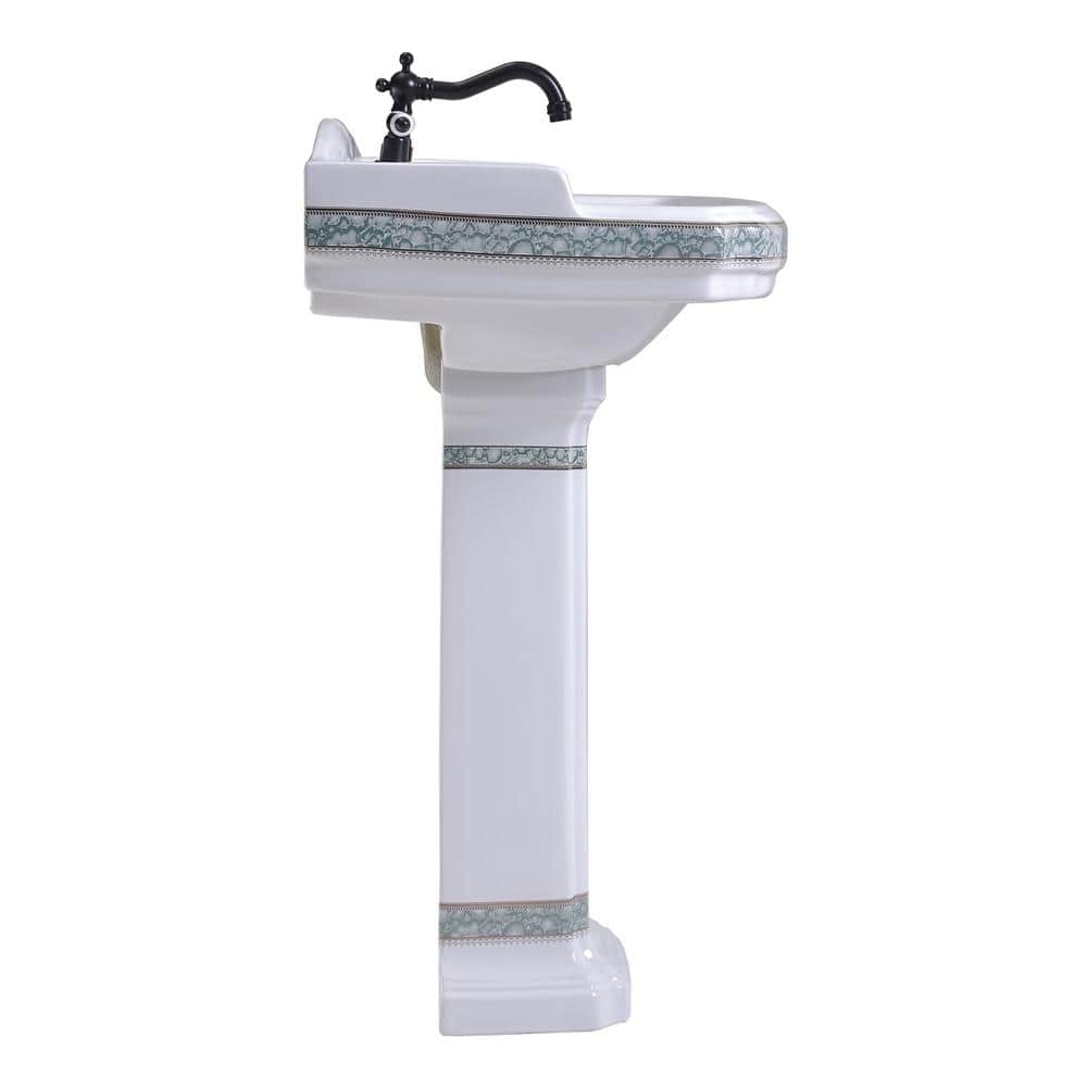 RENOVATORS SUPPLY MANUFACTURING India Reserve 22-7/8 in. Pedestal Bathroom Sink in White Sink Vessel Basin with Green and Gold with Overflow (2)