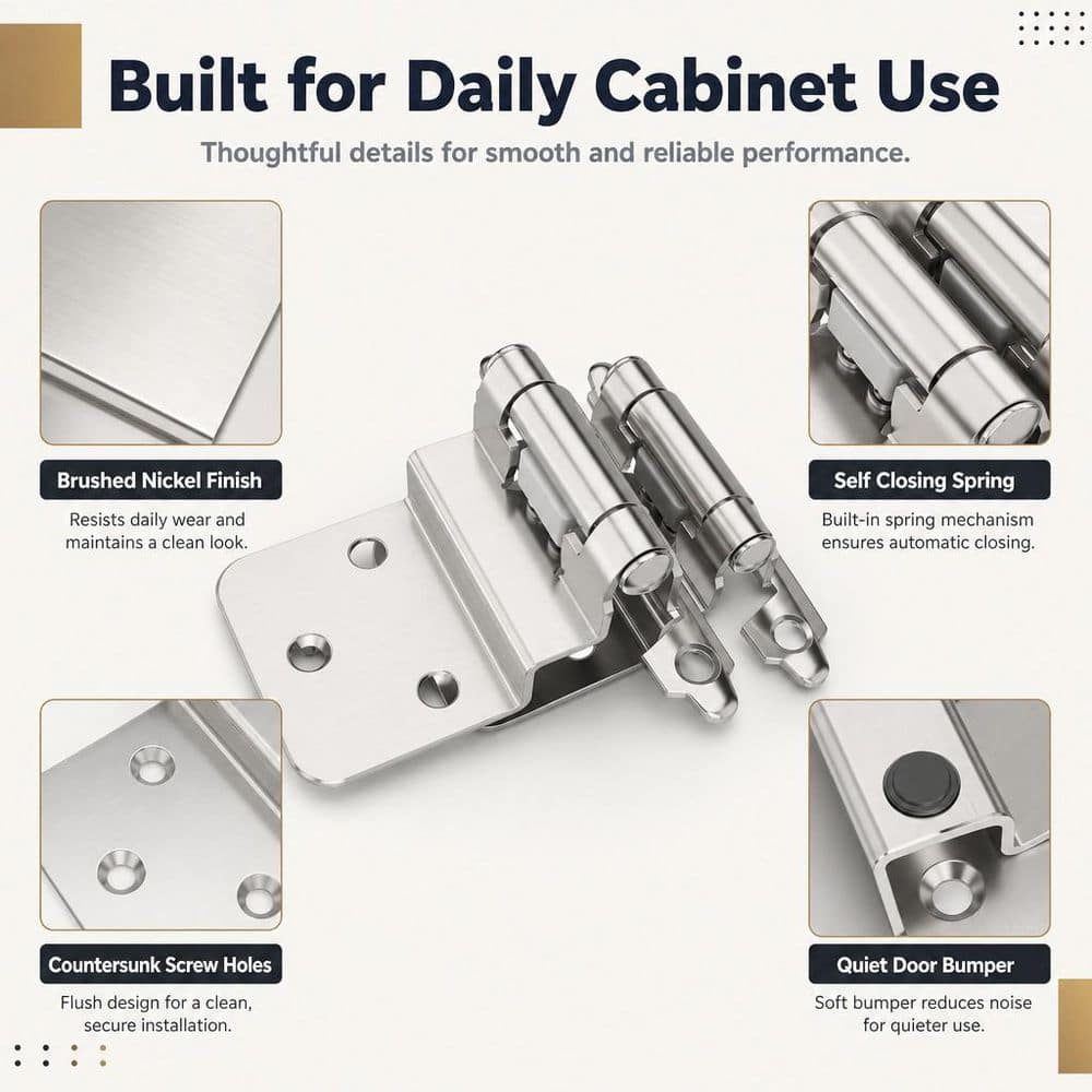 Numhew 3/8 in. Inset Cabinet Hinges Self Closing Flush Face Mount Hinges Brushed Nickel for Cabinet Bathroom Vanities (50-Pack) (3)