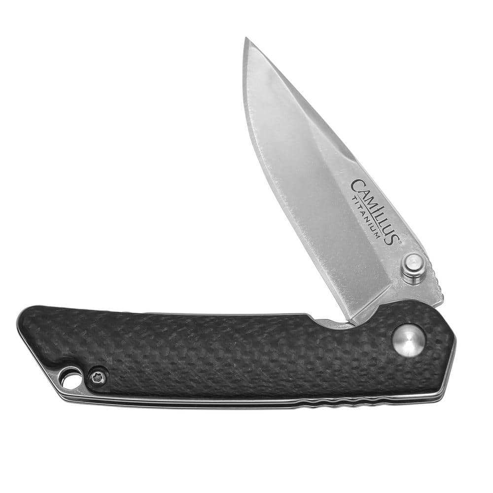 Camillus TRC 2.75 in. Titanium Bonded Drop Point Smooth Edge Folding Knife, Quick Launch Bearing System, Black Carbon FiberHandle (2)