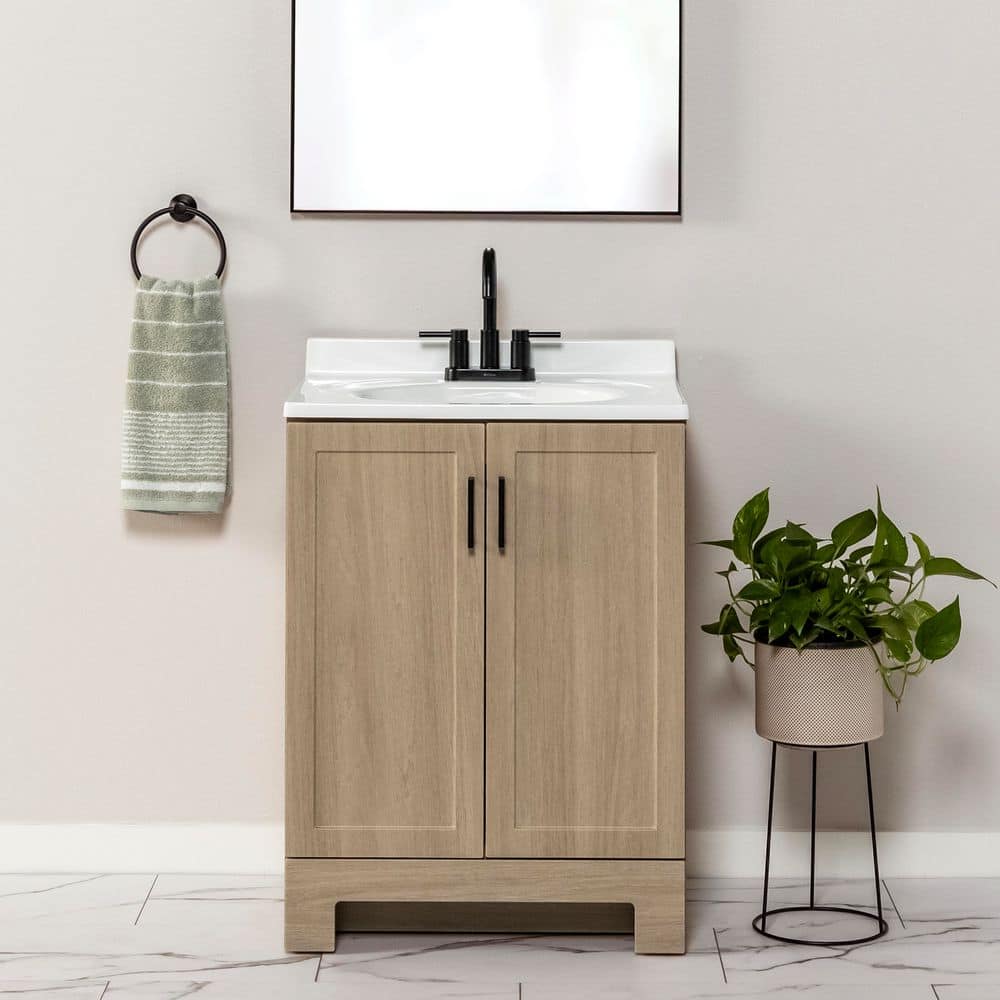 Glacier Bay Oakley 25 in. Single Sink Beige Oak Freestanding Bath Vanity with White Cultured Marble Top (Assembled) (2)