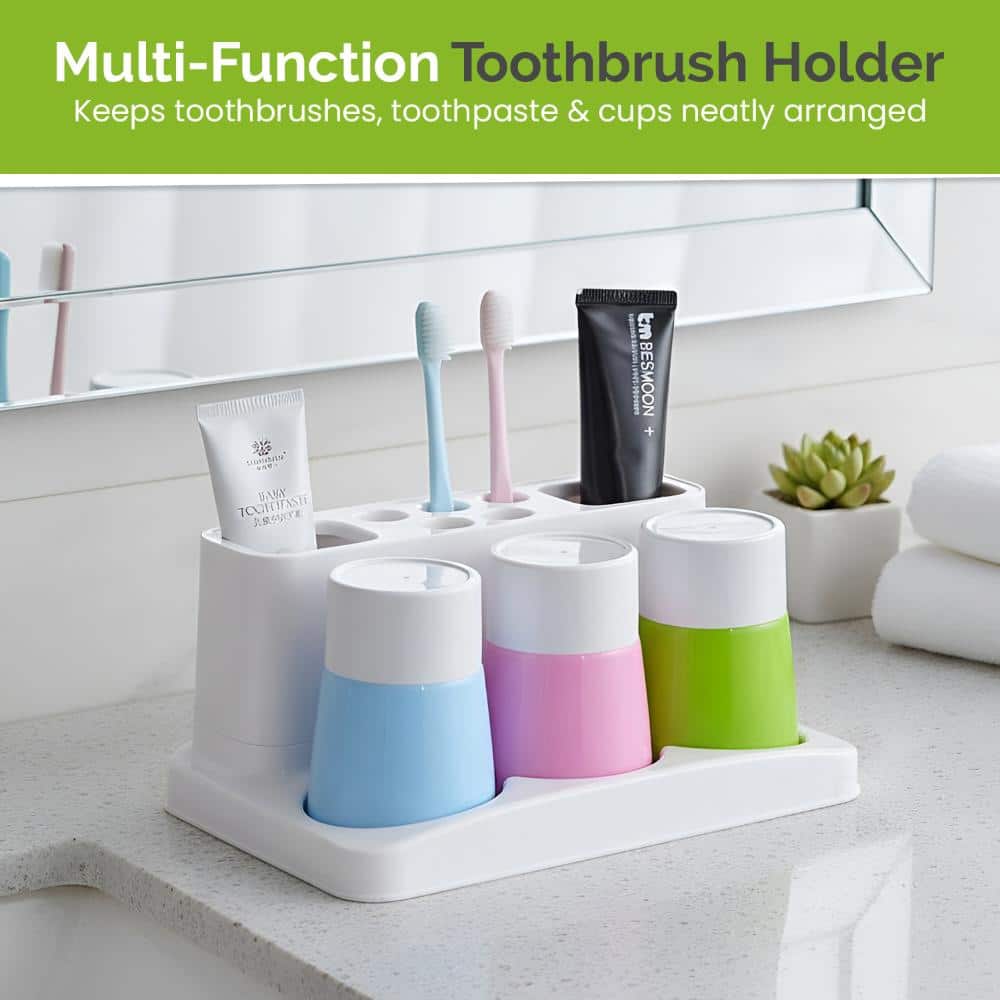 Basicwise Plastic Bathroom Toothbrush Holder Countertop Oral Care Organizer Storage Rack with 5 Brush Holes (2)