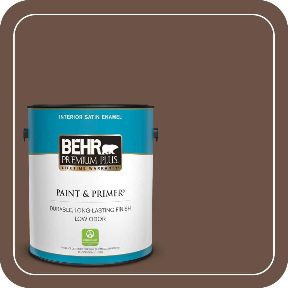 BEHR PREMIUM PLUS 1 gal. #MQ2-05A Authentic Brown Satin Enamel Low Odor Interior Paint & Primer