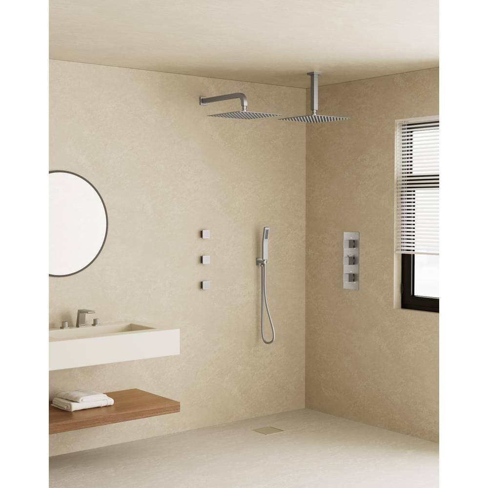YAWWALK Thermostatic Valve 8-Spray 12 x 12 in. Wall Mount Dual Shower Head and Handheld Shower with 3-Jets in Brushed Nickel (3)