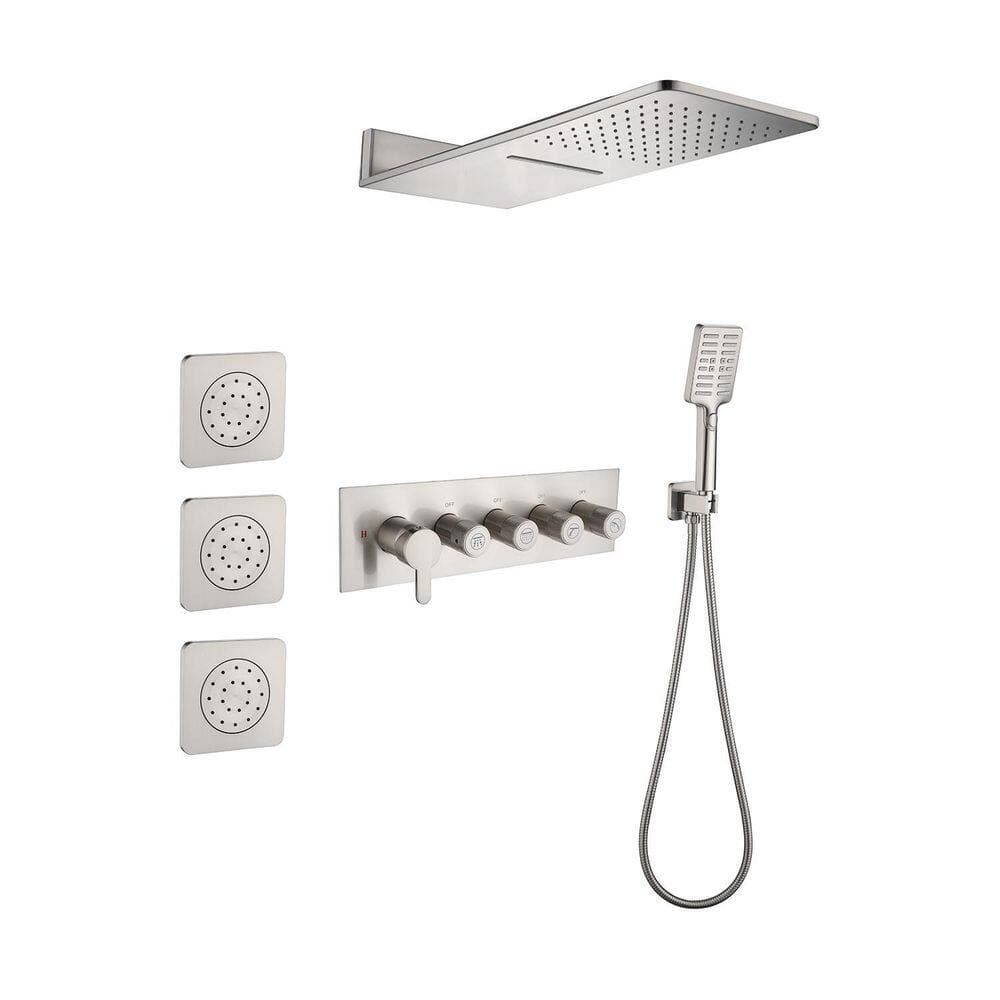BEARSOLIM Wall Mounted Waterfall Rain Shower System With 3-Body Sprays and Handheld Shower in Nickel