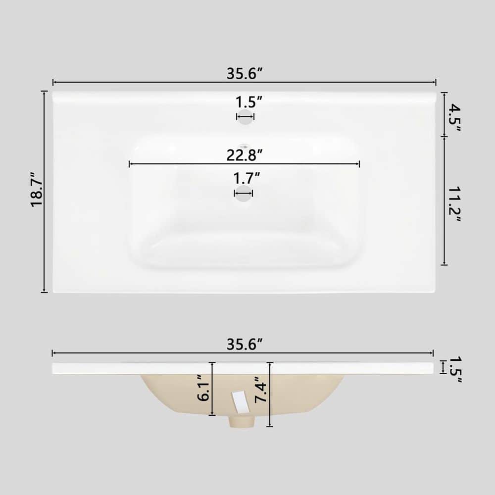 LIVACA 35.6 in. 18.7 in. Drop-In Bathroom Sink in White Ceramic with Integrated Basin and Hardware (2)