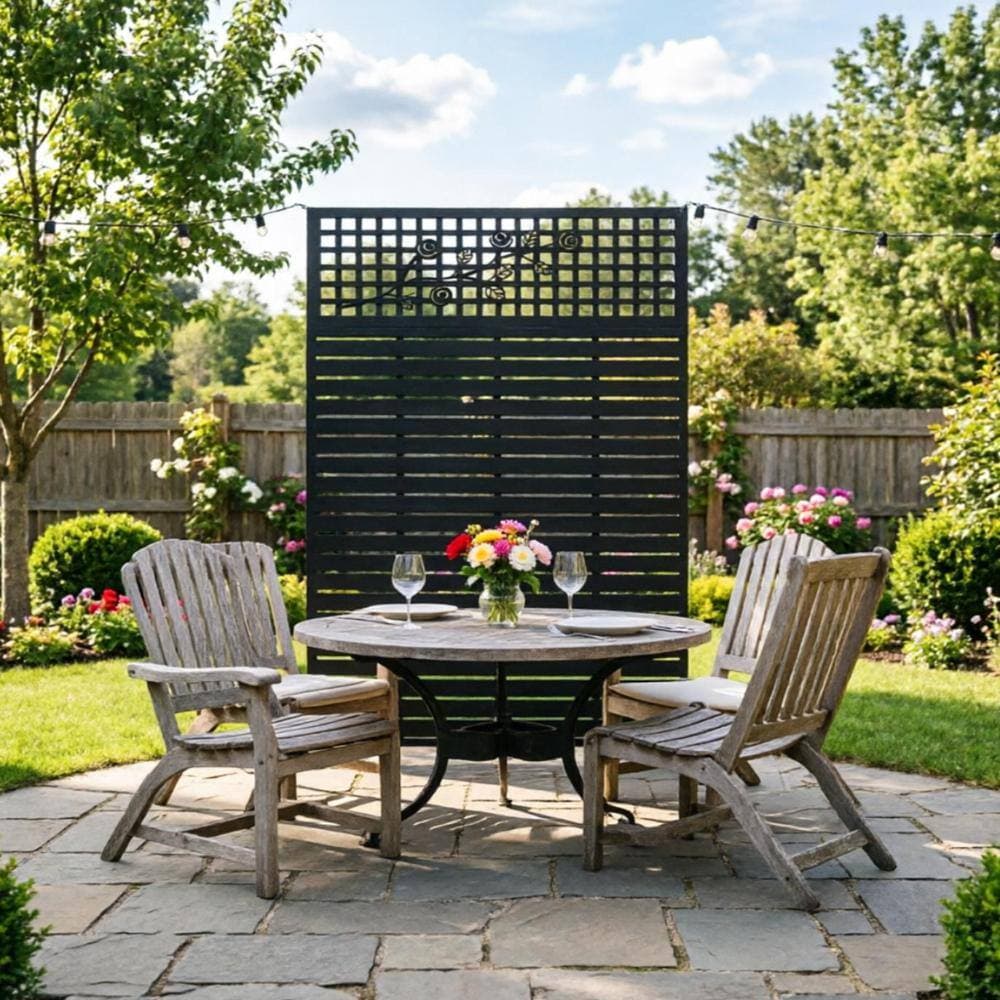 Unbranded 72 in H x 43.3 in W Black Iron Outdoor Privacy Screen, Freestanding Rose-Decorated Panel for Balcony, Patio, Garden (3)