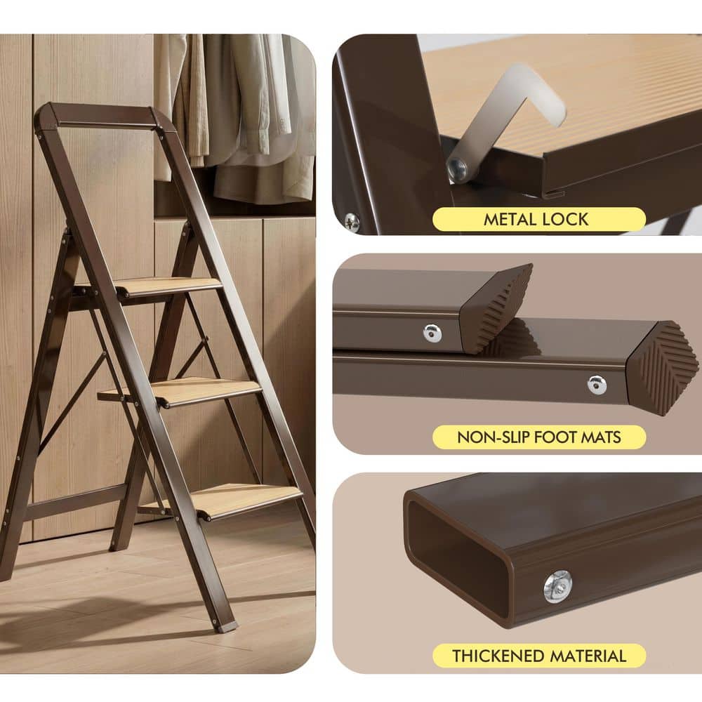 TITANKIT PRO 3-Step Lightweight Aluminum Step Stool (7 ft. Reach) 450 lb. Load Capacity w/ Anti-Slip Wide Pedal and Handrails, Brown (3)