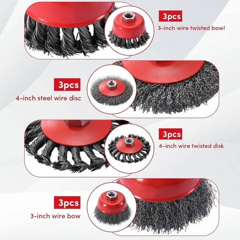 LAIFUCAM 12 Pack Wire Wheel Brush Kit for Angle Grinder, Heavy Duty Carbon Steel, Knotted and Crimped, Rust Removal (3)