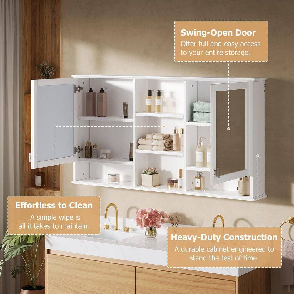 RKZHOPT 55 in. W x 28.7 in. H White Rectangular Wood Medicine Cabinet with Mirror, Wall-Mounted Bathroom Storage Cabinet (3)