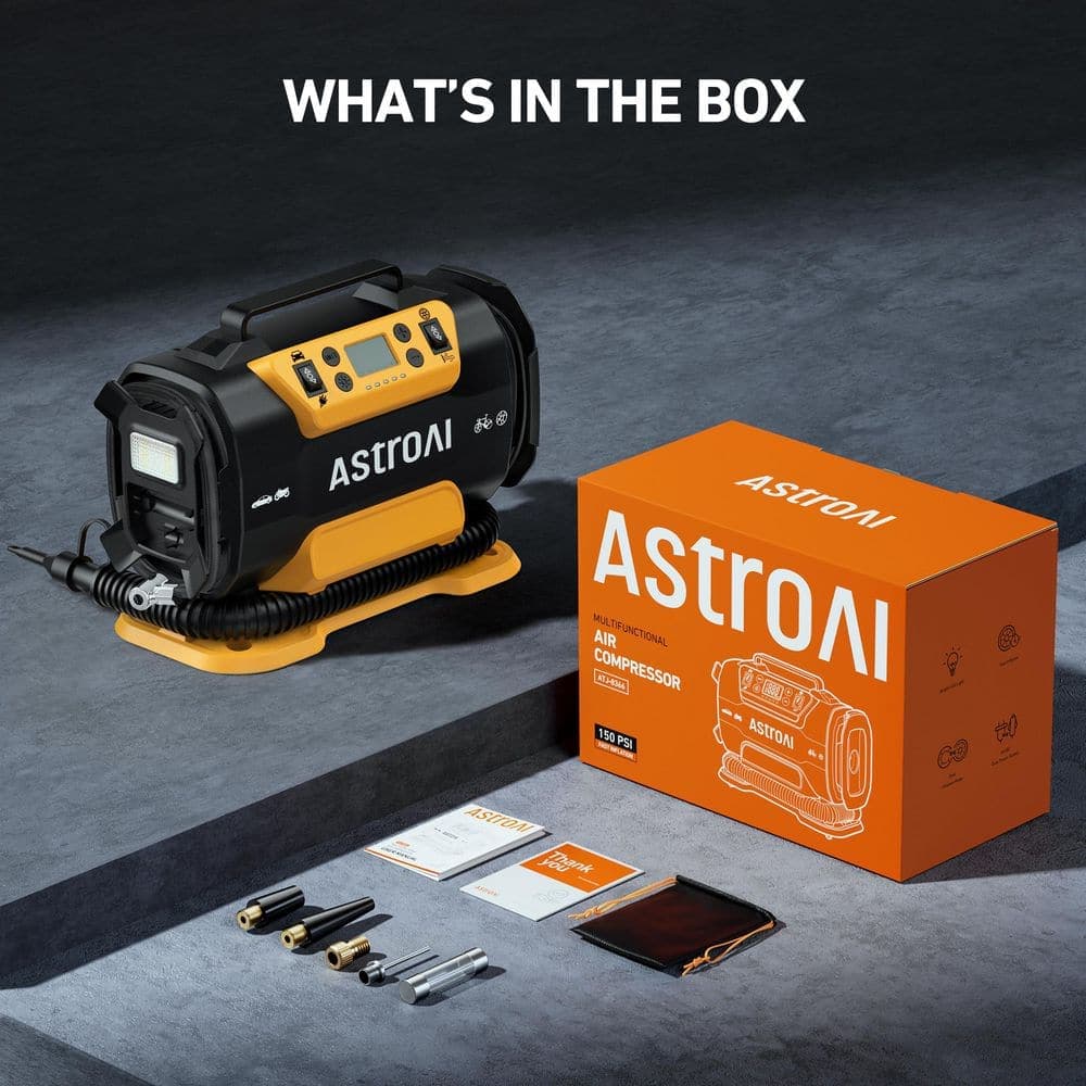 AstroAI Portable Tire Inflator Air Compressor, 150PSI Dual Motor, 12V/110V with LED, for Car, Bike, Mattress (3)