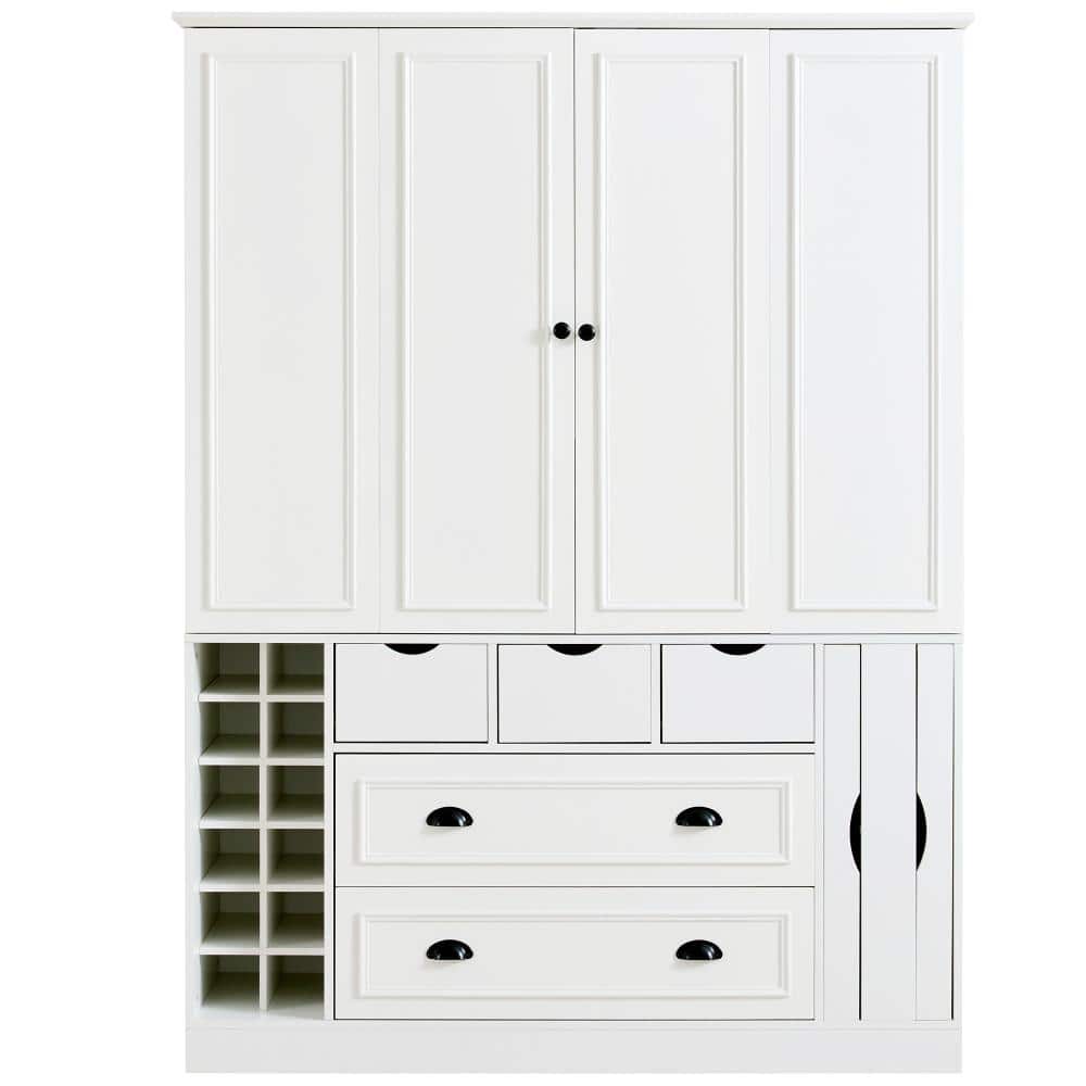 COWLOWN 53.2 in. W x 17.7 in. D x 71 in. H White Linen Cabinet with 4 Foldable Doors,Power Outlet, Wine Racks and Serving Trays (1)