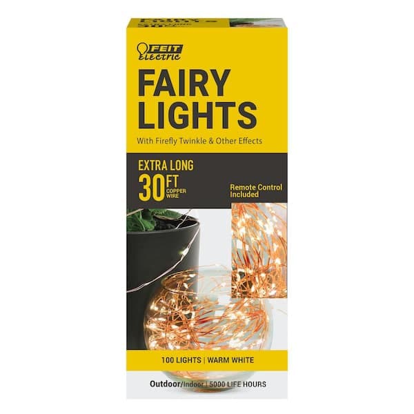 Feit Electric 100 Light 30 ft. Indoor/Outdoor Battery Operated Integrated LED Copper Wire Warm White Fairy String Light w/ Remote