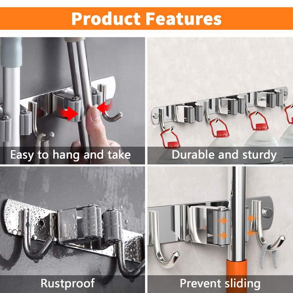 NVNOO 5-Racks and 4-Hooks Wall Mount Mop and Broom Holder for Kitchen Garden Room Wall Decor and Storage, Silver (2)