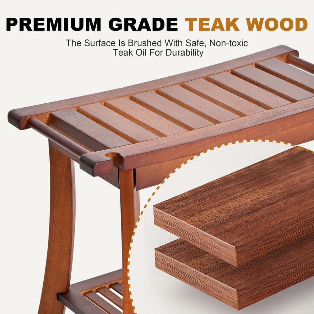Wudkey Teak Shower Chair Stool, 23.6 in. Shower Bench Seat, Wood Bathroom Bench with Storage Shelf, Shower Seat in Brown (3)