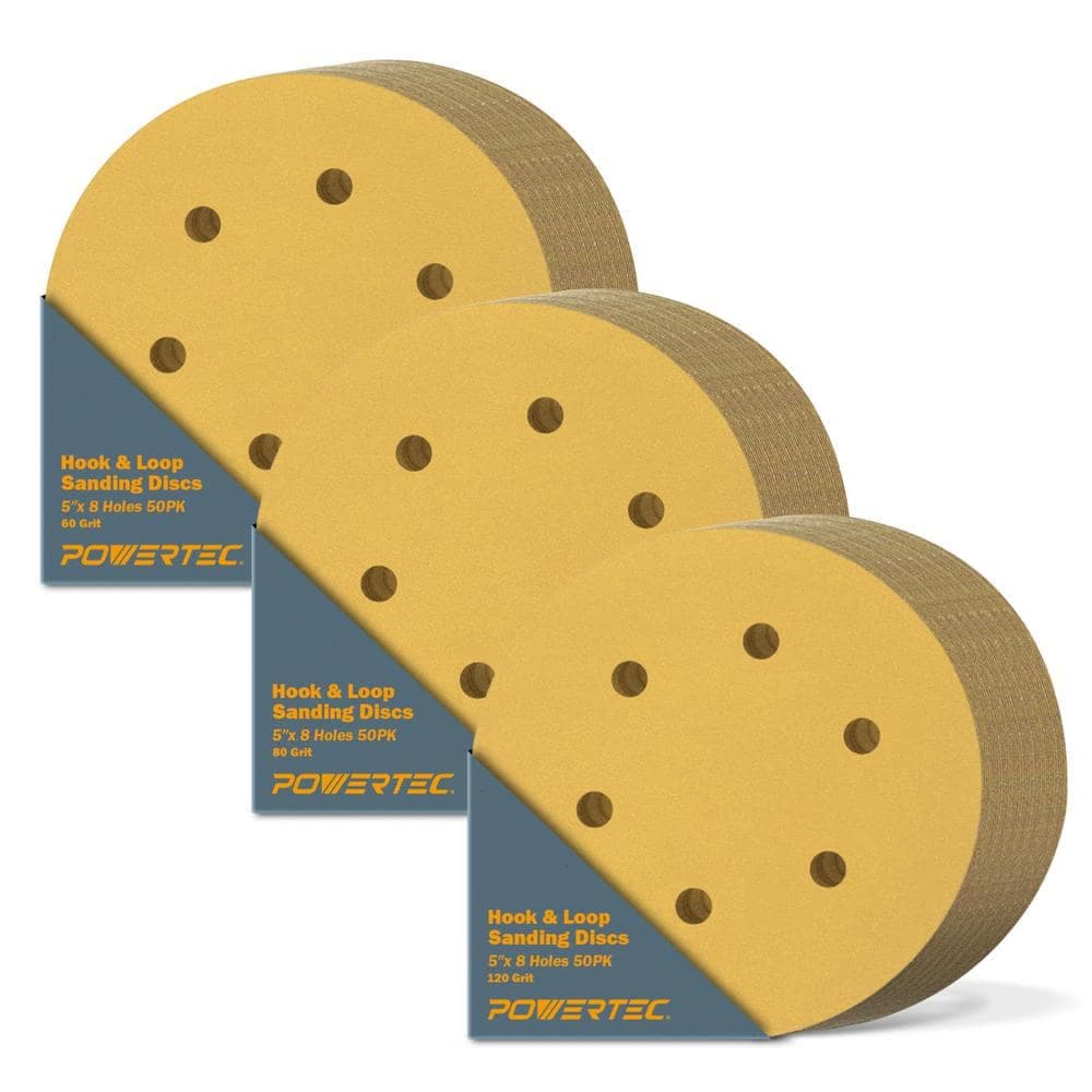 ‎POWERTEC 5 in. 60/80/120 Grit 8-Hole Hook and Loop Sanding Discs Assortment (150-Pack) (1)