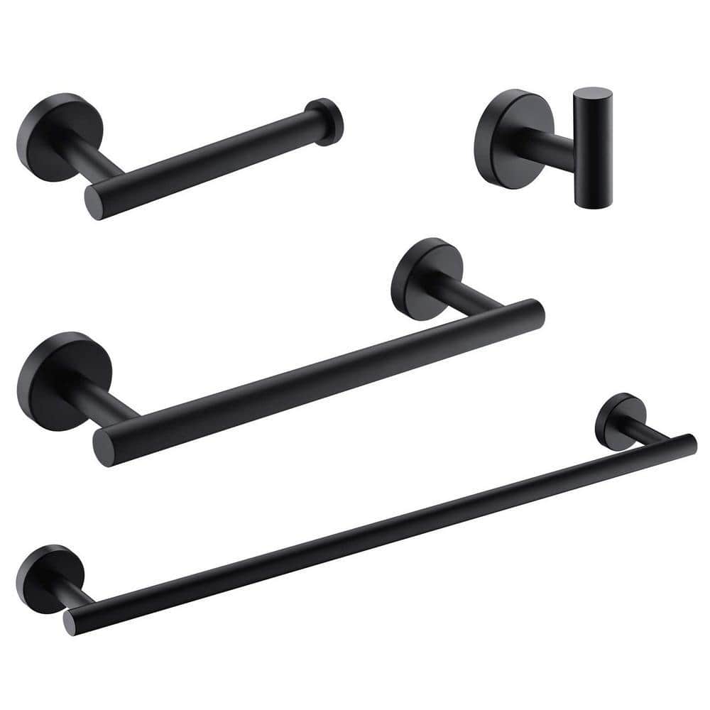 AOPSPS 4-Pieces Matte Black Bathroom Accessories Sett-Hand Towel Bar,Toilet Paper Holder,Robe Towel Hooks