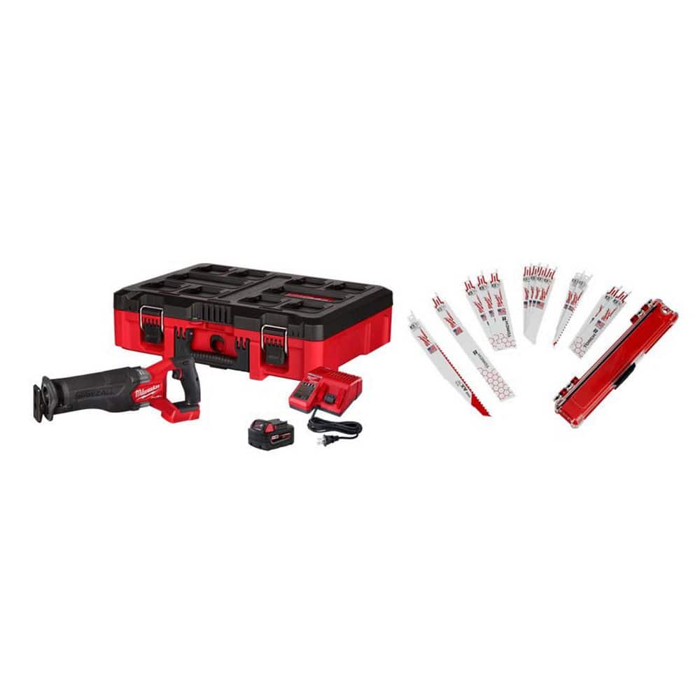Milwaukee M18 FUEL 18V Brushless SAWZALL w/ PACKOUT Box, 5. 0Ah Battery, Charger with SAWZALL 32-Pc Blade Set