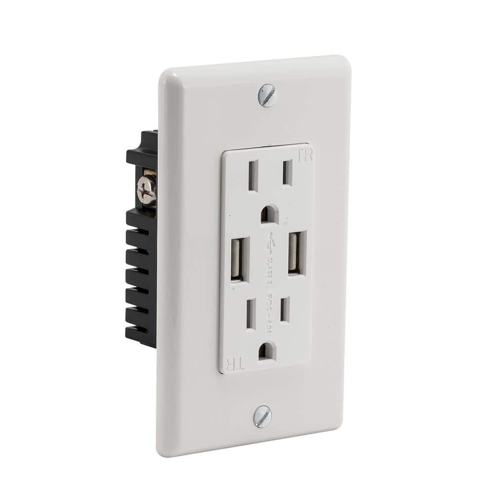 EZ-FLO 15 Amp Tamper-Resistant Electric Outlet with USB Chargers, White (1-pack)