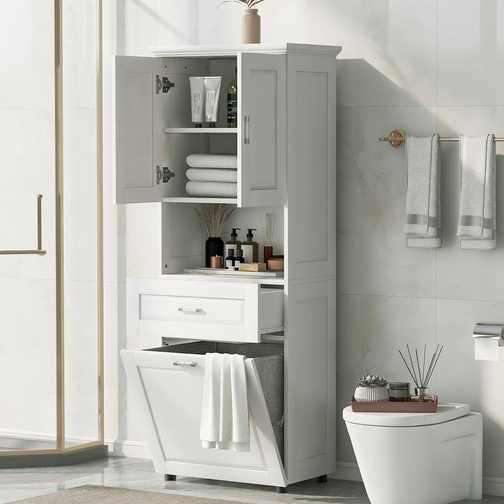Cesicia 24.72 in. W x 16.29 in. D x 69.92 in. H White Linen Cabinet with Laundry Basket (2)