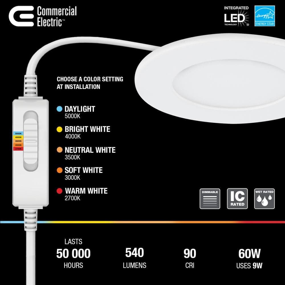 Commercial Electric 4-Pk 4 in. Elite Series Adjustable CCT 3-Level Lumen Select Dimmable Integrated LED Canless Recessed Light, White (3)