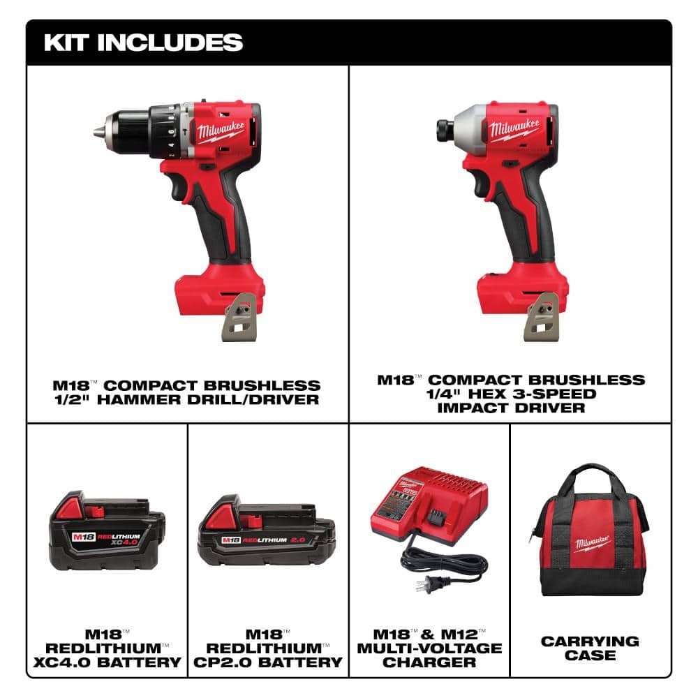 Milwaukee M18 18-Volt Lithium-Ion Brushless Cordless Compact Hammer Drill/Impact Combo Kit (2-Tool) with (2) Batteries, Bag (3)