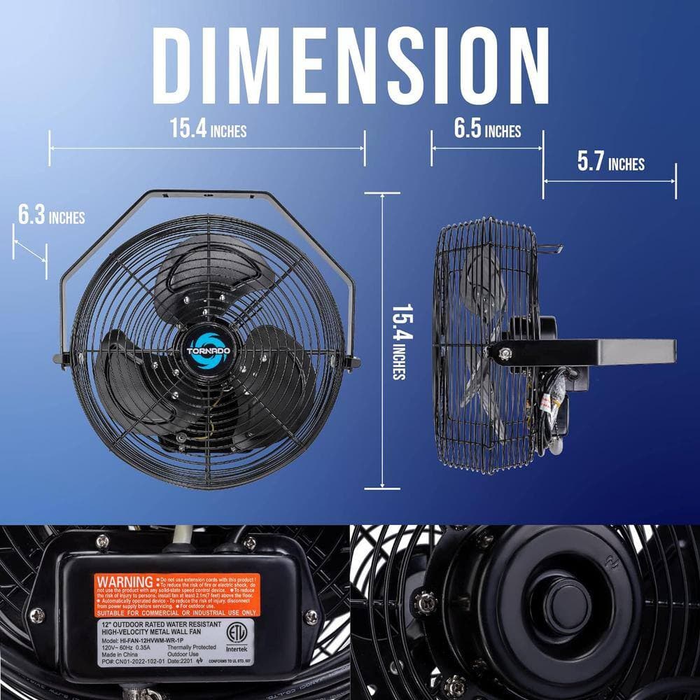 Adrinfly Outdoor Rated Water-Resistant High Velocity Metal Industrial Wall Mount Fan 12 in. 3-Speed, Black (2)
