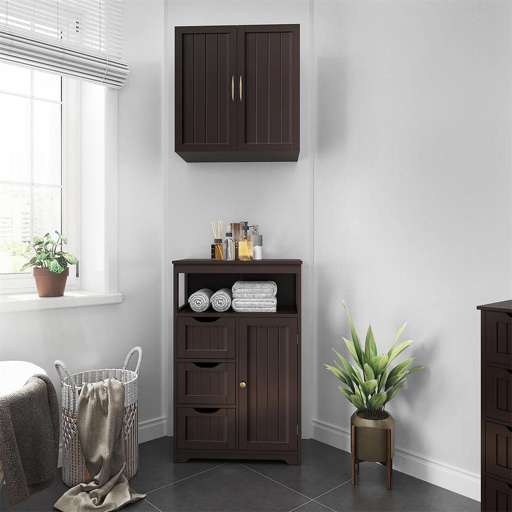 Cubilan 22 in. W 12 in. D 34 in. H Brown Bathroom Linen Cabinet Floor Cabinet with 3 Drawers and 1 Cupboard (4)