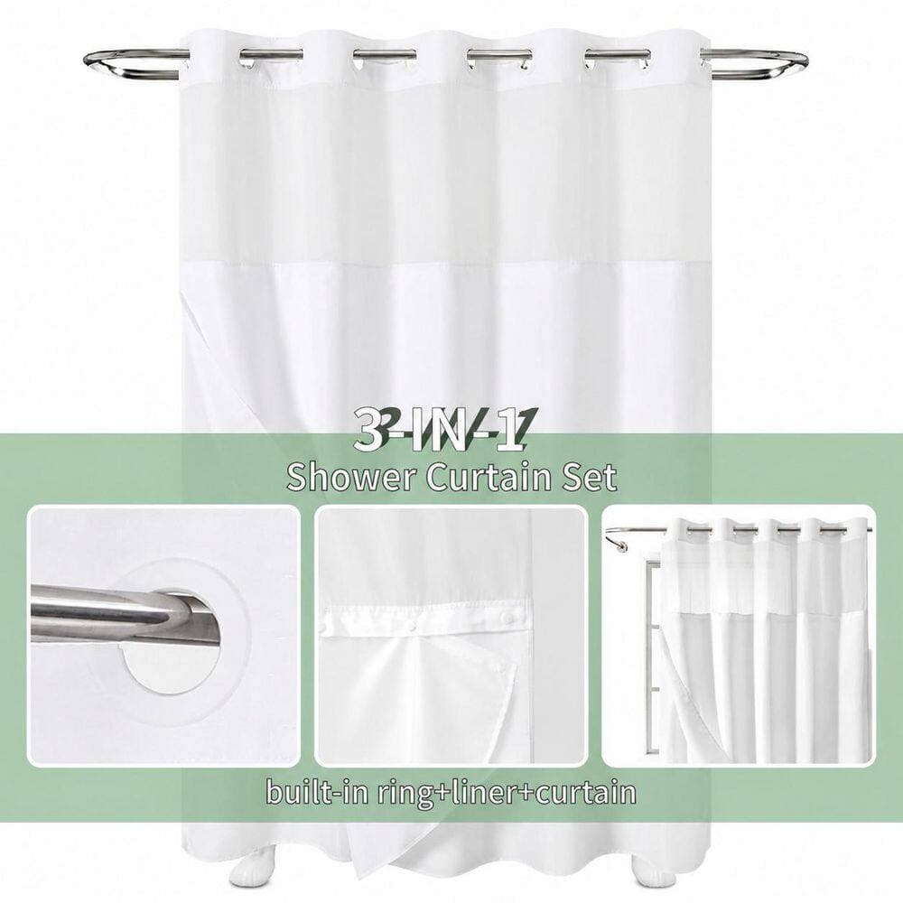 Anqtovp 71 in. W x 74 in. L Fabric Shower Curtain Set with Snap-in Liner Water Repellent White Modern for Bathroom (2)