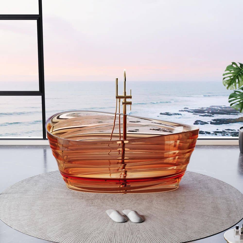 WELLFOR AQUA 62.2 in. x 34.64 in. Soaking Bathtub with Center Drain in Transparent Champagne, Luxury Freestanding Pure Resin Tub