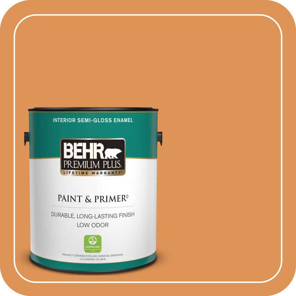 BEHR PREMIUM PLUS 1 gal. #270D-6 Pumpkin Toast Semi-Gloss Enamel Low Odor Interior Paint & Primer