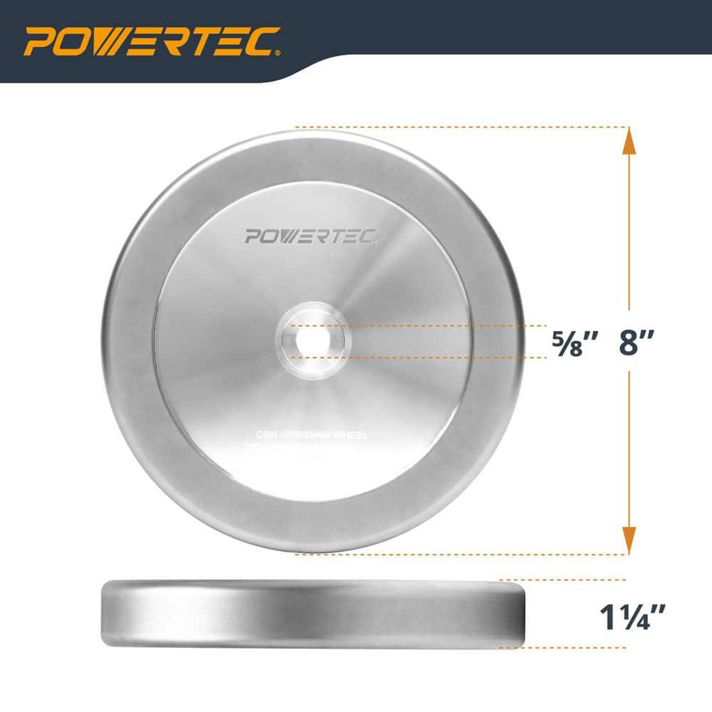 ‎POWERTEC 8 in. x 1-1/4 in. W, 5/8 in. Arbor, 4-in-1 CBN Sharpening Wheel, 600 Grit w. Radius Edge and Side Face for Bench Grinder (3)