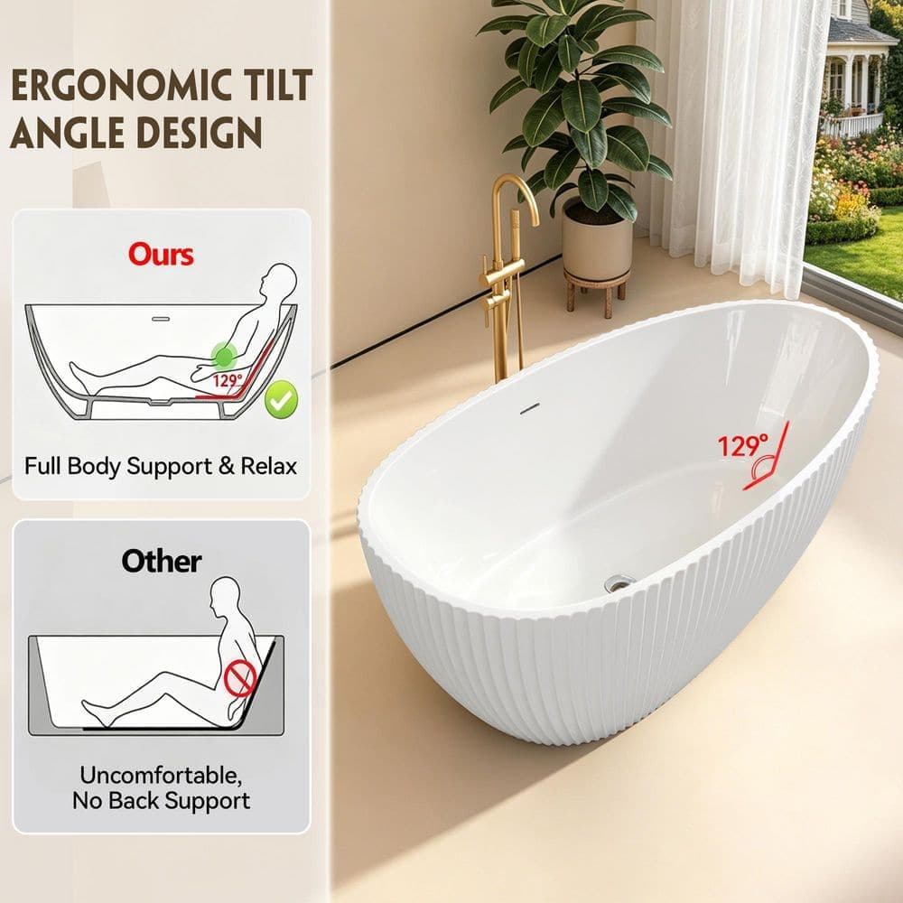 Zeafive 59 in. L x 31.5 in. W Acrylic Freestanding Soaking Bathtub Stand Alone Bathroom Tub with Center Drain in White (3)