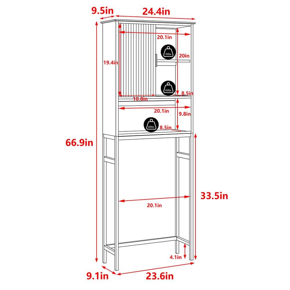 VEIKOUS 66.9 in. H x 9.5 in. D x 24.4 in. W Yellow Bamboo Over the Toilet Storage with the Sliding Door and Open Storage Area (3)