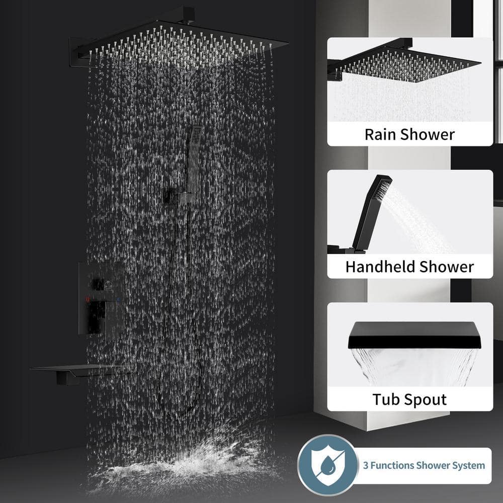 AKLFGN Black Shower System with Tub Spout, Waterfall Tub Faucet with 12 in. Rain Shower Head System Handheld Shower Head Set (2)