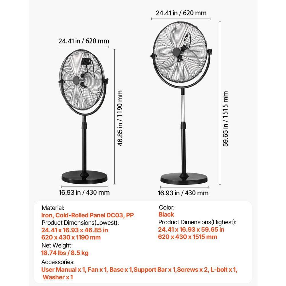 Amucolo 20 in. 3-Speed 46.9-59.6 in. Height Adjustable Industrial Pedestal Fan Floor Fan in Black (2)
