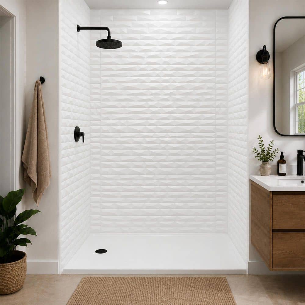 FROM PLAIN TO BEAUTIFUL IN HOURS Vista 60 in. W x 96 in. H x 42 in. D Three piece Glue-Up PVC Tub Surrounds Wall Panels in Gloss White (3)
