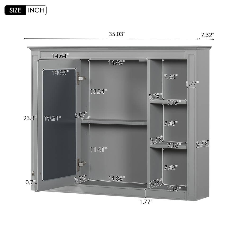 cadeninc 35 in. W x 7.32 in. D x 27.5 in. H  Wall Mounted Bathroom Storage Cabinet in Gray with Mirror and 6 Open Shelves (2)