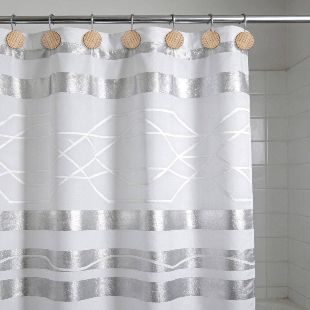 KHKFY 12-Piece Round Wood and Metal Decorative Shower Curtain Hooks Rings for Bathroom Silver Modern Style (3)