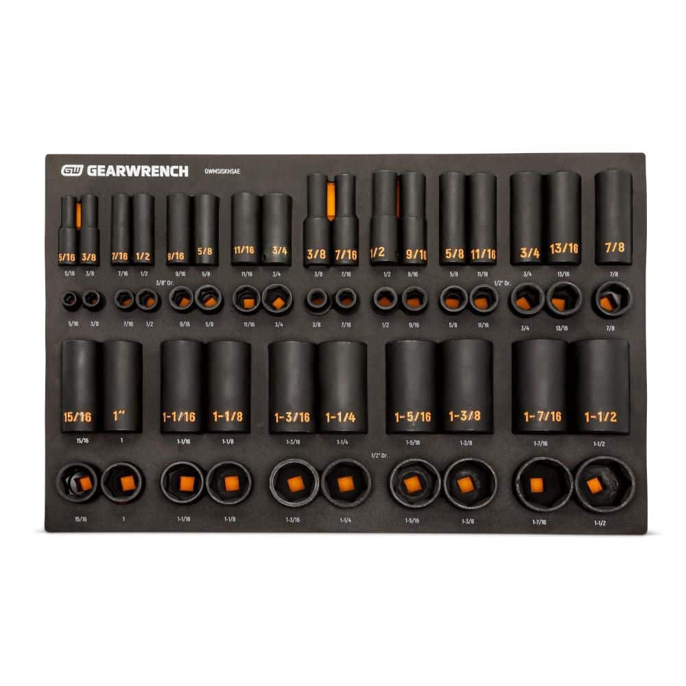 GEARWRENCH 3/8 in. and 1/2 in. Drive 6-Point SAE Standard and Deep Hi-Viz Impact Socket Set in Foam Storage Tray (54-Piece) (1)
