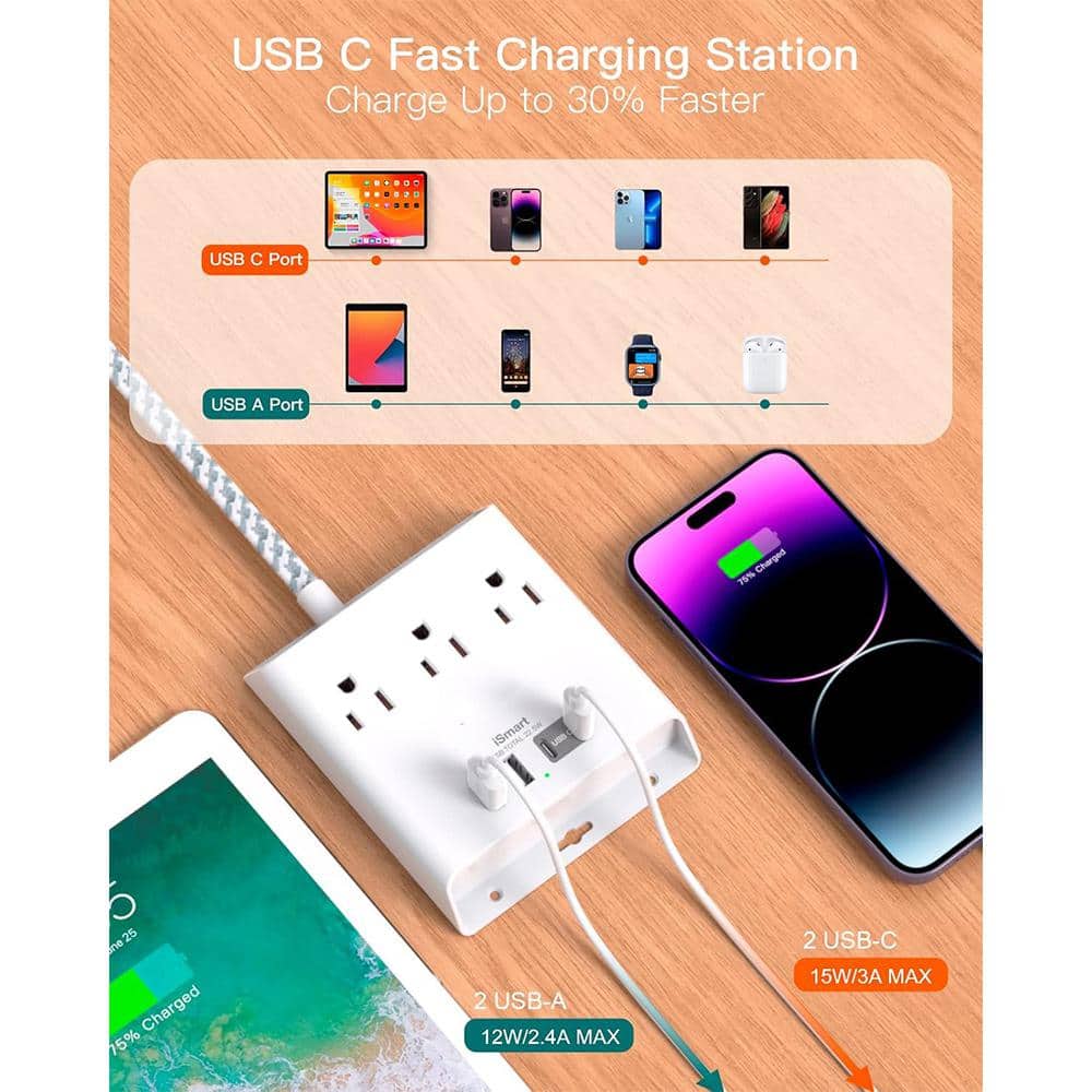 Lukyamzn 10 ft. Flat Plug Extension Cord Power Strip 3-Outlets No Surge Protection in White with 2 USB and 2 Type C Ports (2)