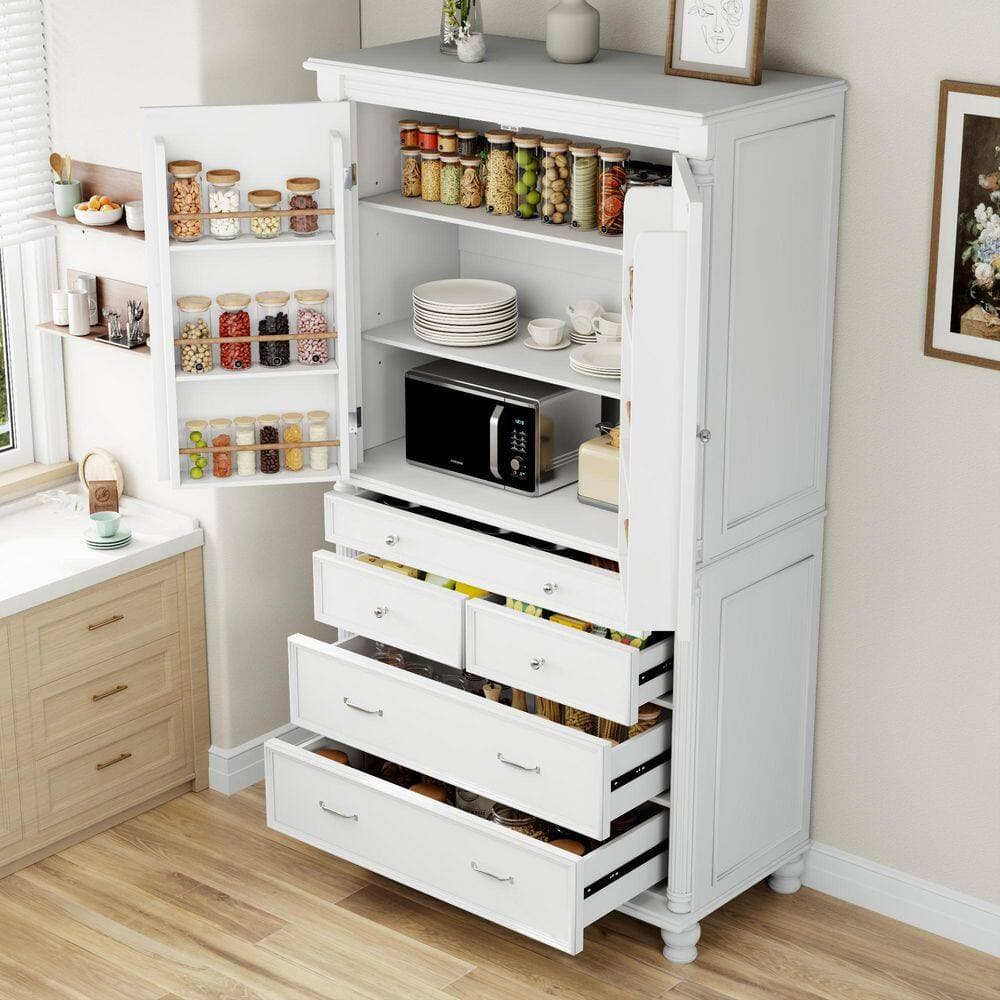 COWLOWN 43.3 in. W x 20 in. D x 77.3 in. H White Linen Cabinet with 6-Door Shelves, 2-Adjustable Shelves and 5-Drawers (3)