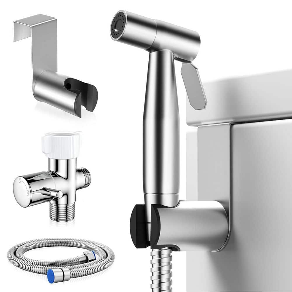 Numhew Handheld Bidet Sprayer Bidet Attachment in Brushed Nickel with Stainless Steel Hose and Dual Mount included (1)