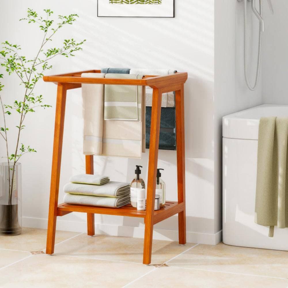 Numhew 5-Crossbar Towel Rack Bath Accessory in Beige, Teak Wood Freestanding Design with Open Shelf for Bathroom and Laundry (2)