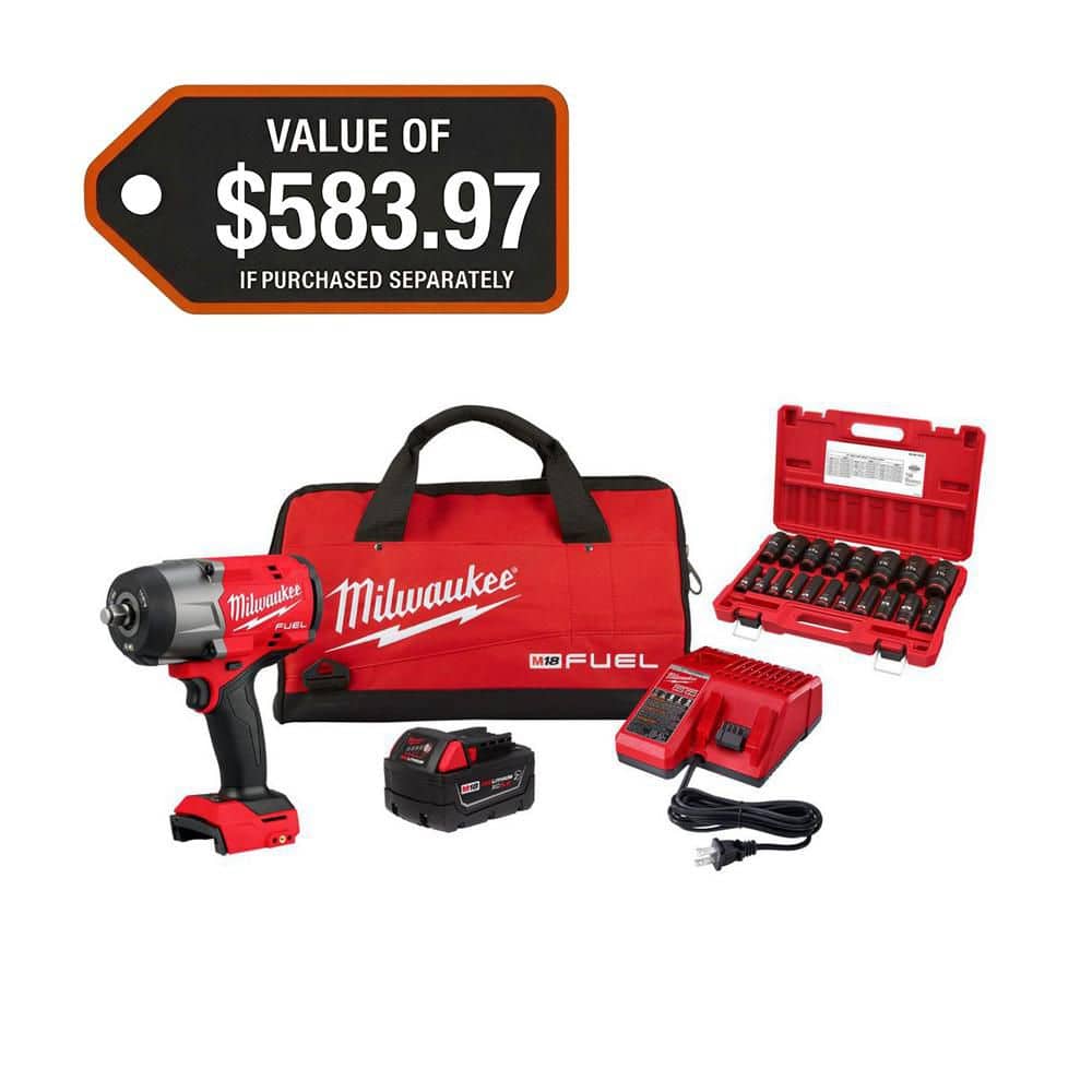 Milwaukee M18 FUEL 18V Lithium-Ion Brushless Cordless 1/2 in. Impact Wrench w/Friction Ring Kit w/One 5.0 Ah Battery & Socket Set (1)