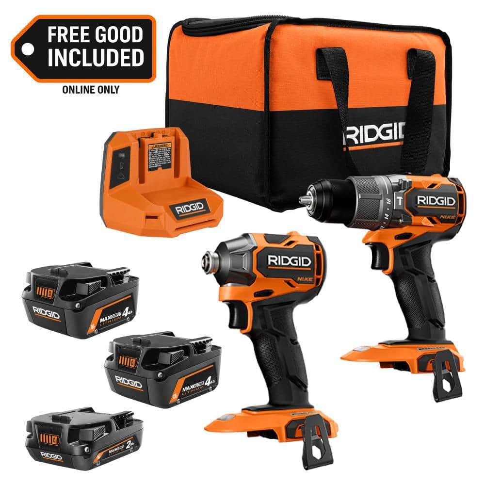 RIDGID 18V NUKE SubCompact Brushless 2-Tool Combo Kit w/ 4Ah MAX Battery, 2Ah MAX Battery & Charger w/ 18V 4Ah MAX Battery