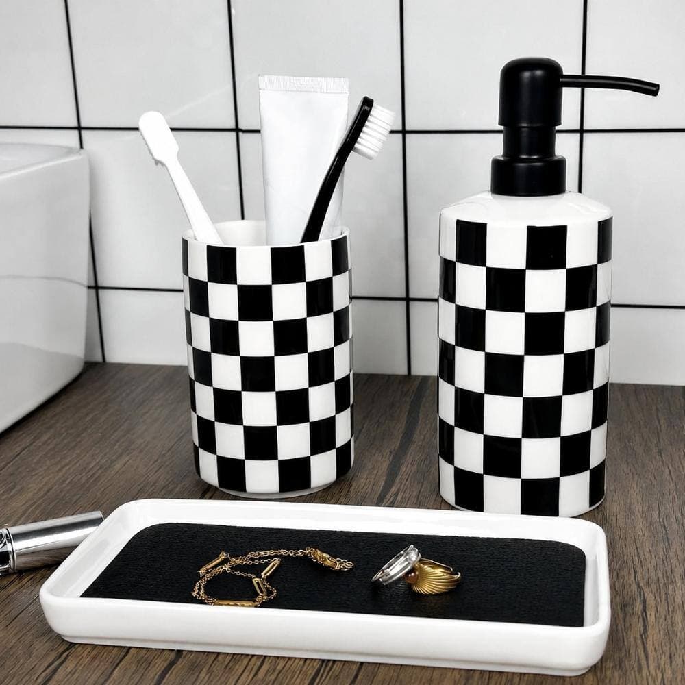 Unbranded 3-Piece Black and White Checkered Ceramic Bath Accessory Set with Soap Dispenser and PU Tray in Black (3)