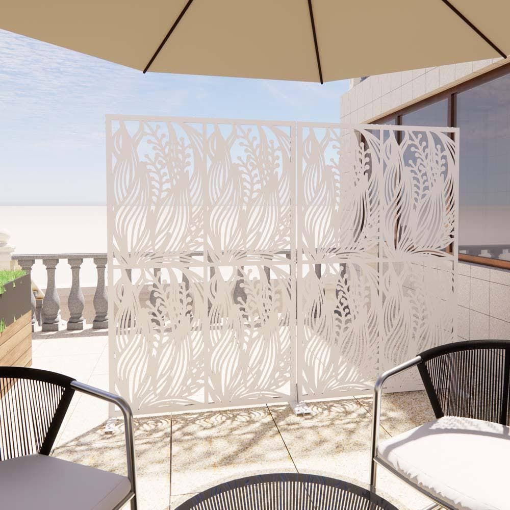 Unbranded 72 in.H x 45.3 in. W White Metal Privacy Screen Outdoor Decorative Laser Cut Garden Divider Panel with Leaf Design (3)