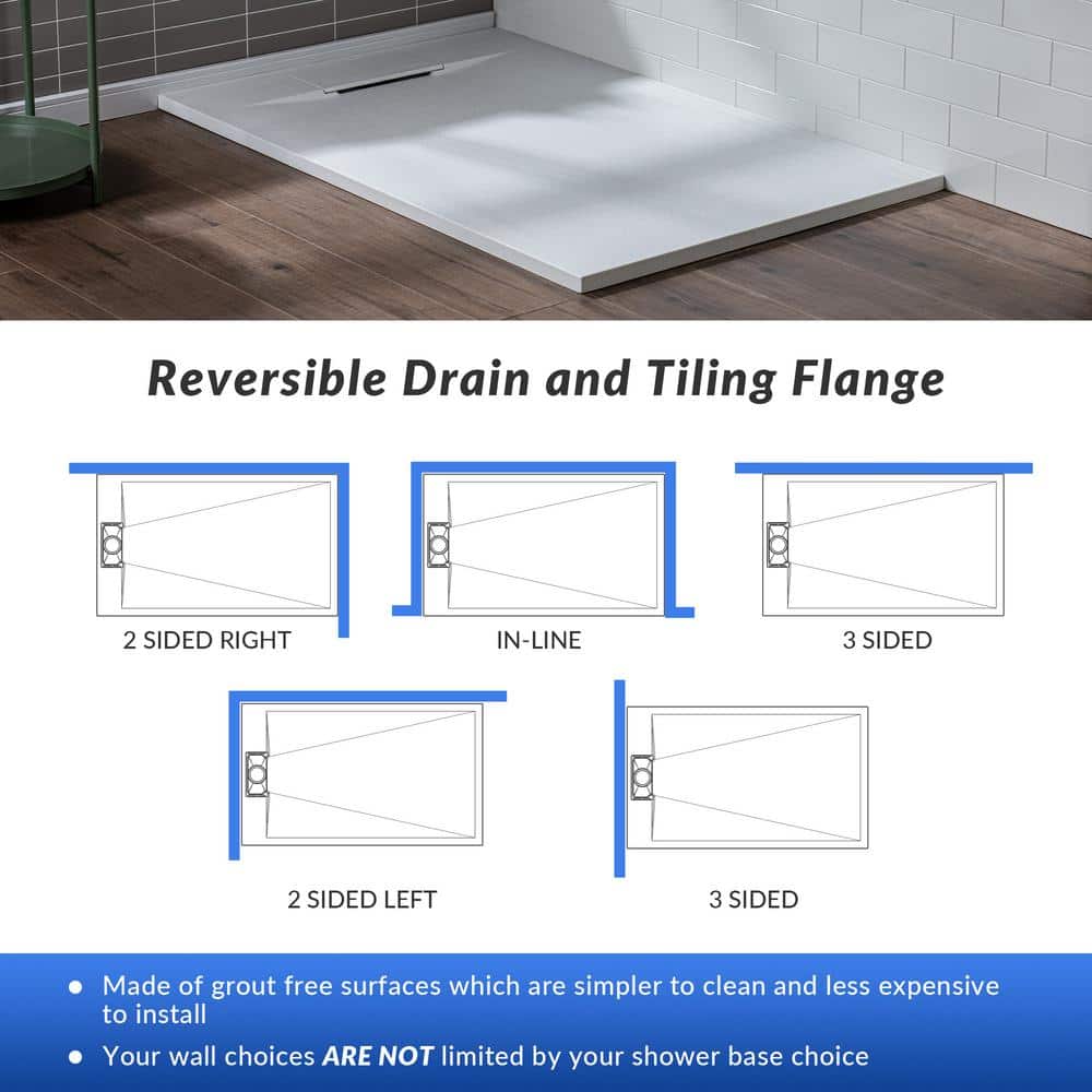WOODBRIDGE 60 in. L 35.375 in. W Alcove Shower Pan Base with Left/Right Drain in, Low Profile, Wheel Chair Access (3)