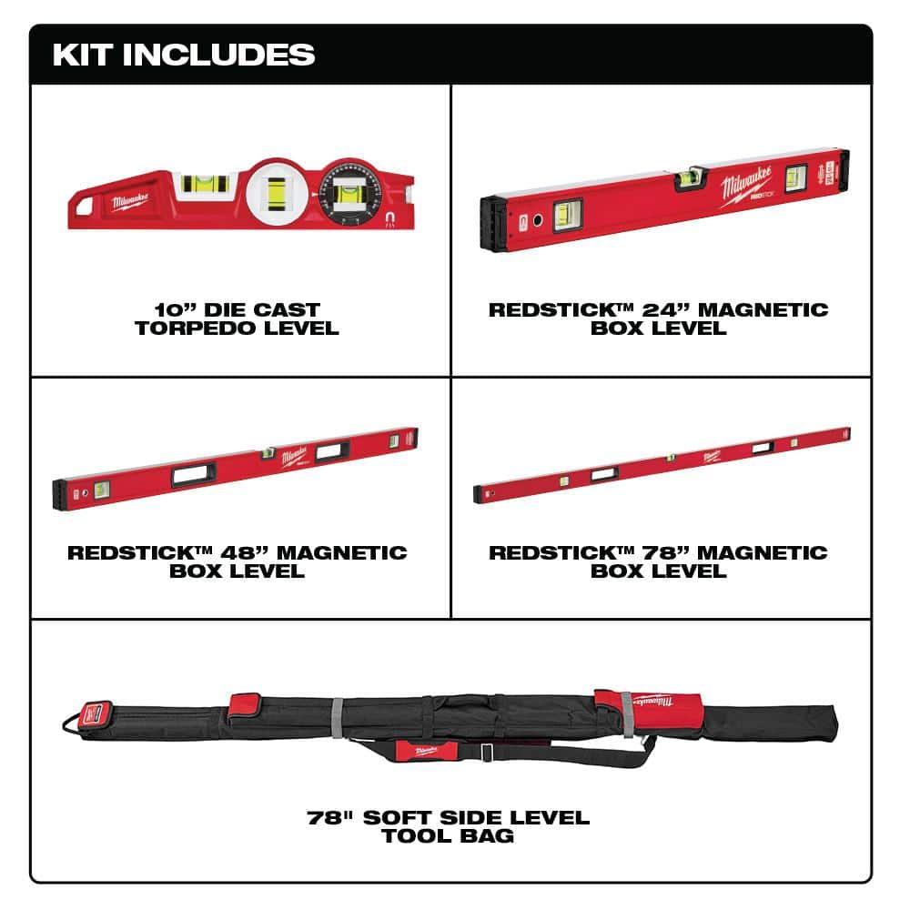 Milwaukee REDSTICK Magnetic Box Level Set with Torpedo Level and M12 125 ft. Cross and Point Laser Level Kit (6-Piece) (3)